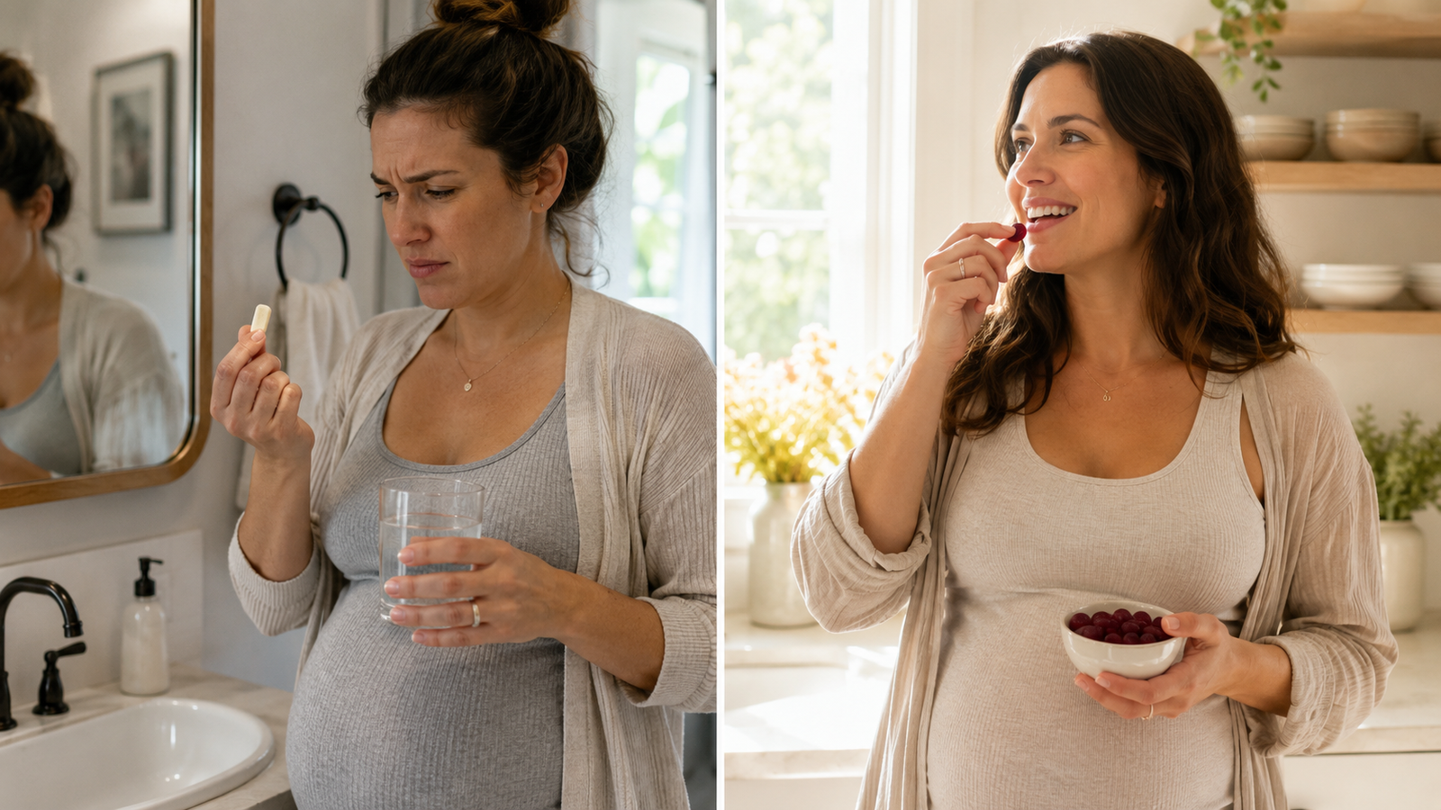 Header image — A split image showing a large prenatal pill on one side and raspberry-citrus prenatal gummies on the other. Add a simple “Hard To Swallow” vs “Easy To Chew” visual.